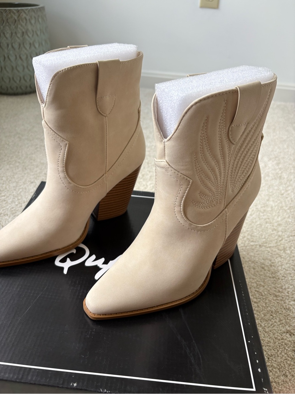 Qupid Cream Western Ankle Boots with Stacked Heel